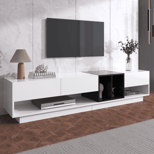 Móvel TV 190 cm - 3 gavetas e 2 compartimentos - branco e preto brilhante