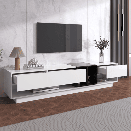 Móvel TV 190 cm - 3 gavetas e 2 compartimentos - branco e preto brilhante