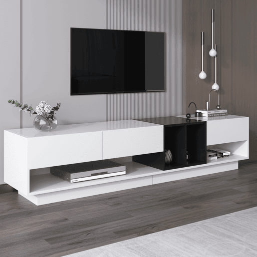Móvel TV 190 cm - 3 gavetas e 2 compartimentos - branco e preto brilhante