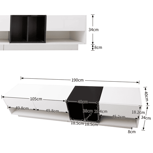 Móvel TV 190 cm - 3 gavetas e 2 compartimentos - branco e preto brilhante