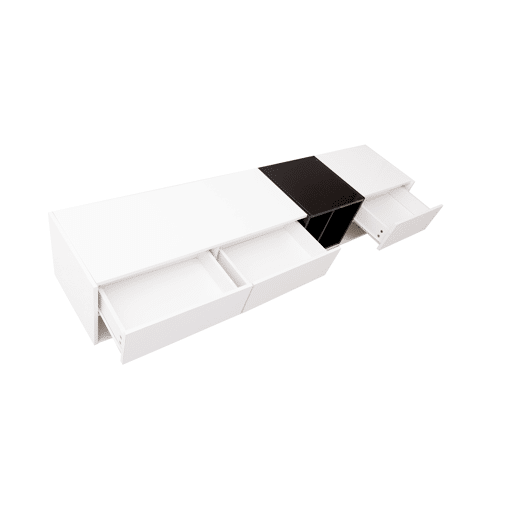Móvel TV 190 cm - 3 gavetas e 2 compartimentos - branco e preto brilhante