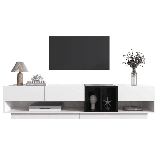 Móvel TV 190 cm - 3 gavetas e 2 compartimentos - branco e preto brilhante