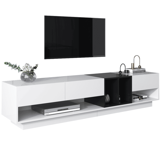 Móvel TV 190 cm - 3 gavetas e 2 compartimentos - branco e preto brilhante