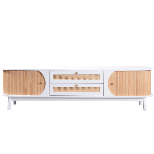 Suporte para TV em madeira maciça e rotim 170 cm - 2 gavetas e 2 portas - estilo rústico - natural