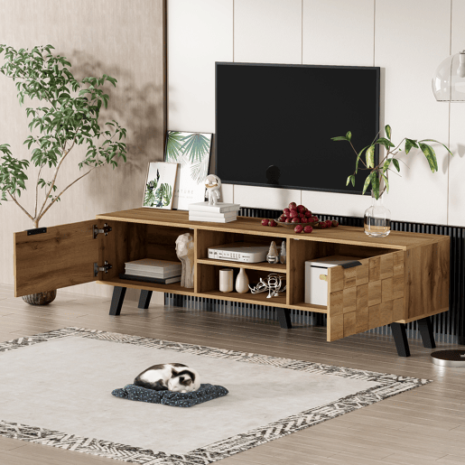 Armário moderno para televisão - com 2 portas e 2 compartimentos abertos - Natural