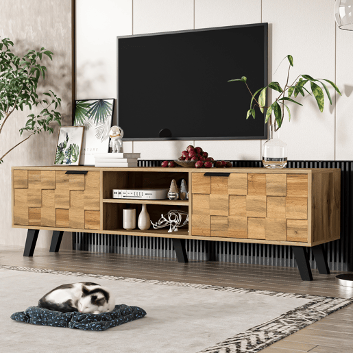 Armário moderno para televisão - com 2 portas e 2 compartimentos abertos - Natural