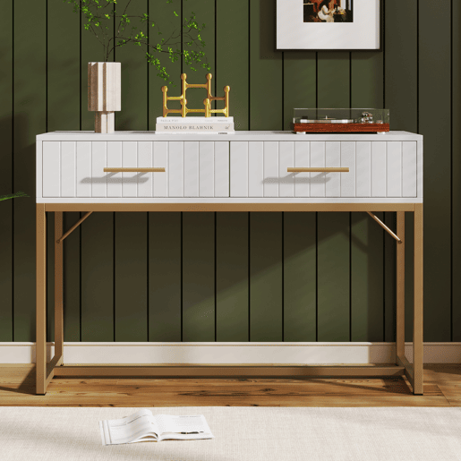 Toucador decorado com riscas verticais - H. 75 cm - com 2 gavetas e base metálica - Branco