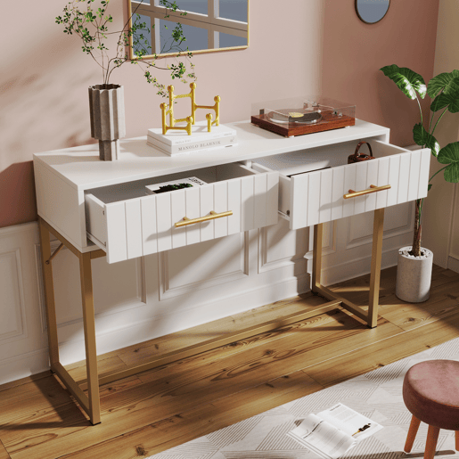 Toucador decorado com riscas verticais - H. 75 cm - com 2 gavetas e base metálica - Branco