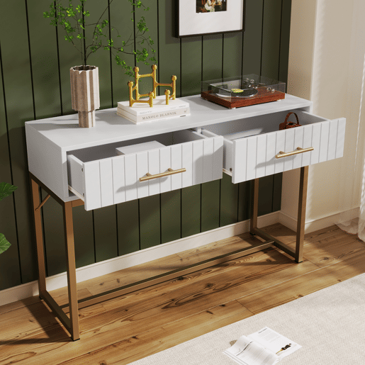 Toucador decorado com riscas verticais - H. 75 cm - com 2 gavetas e base metálica - Branco