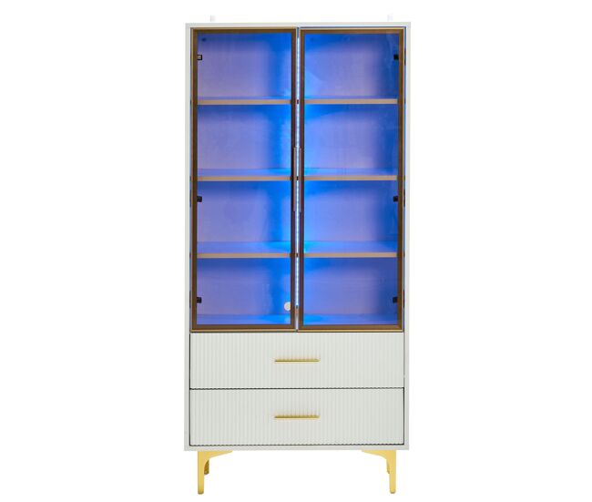 Vitrina moderna con luces led y estantes extraíbles - al. 150 cm - 2 puertas de cristal y 2 cajones - blanco