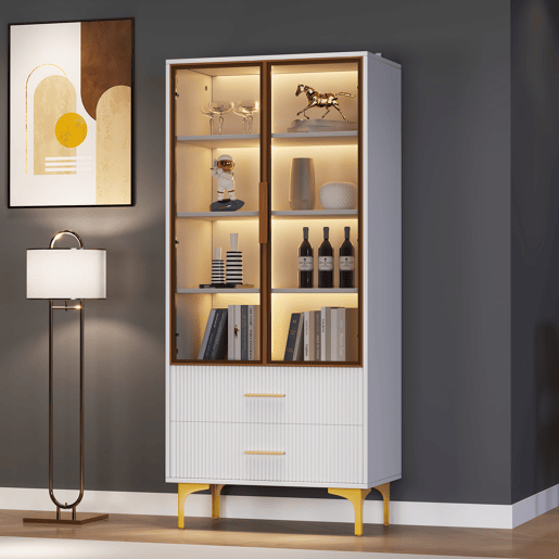 Armário expositor moderno com luzes LED e prateleiras extraíveis - A. 150 cm - 2 portas de vidro e 2 gavetas - Branco