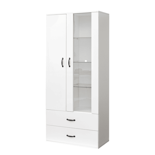 Armário expositor com 2 portas e 2 gavetas e LED - Altura 180cm - Branco