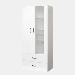 Armário expositor com 2 portas e 2 gavetas e LED - Altura 180cm - Branco