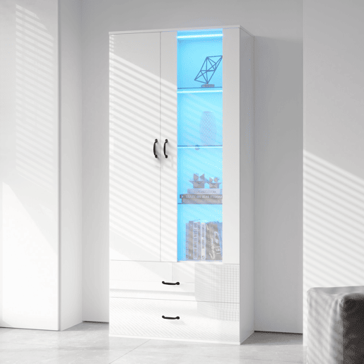 Armário expositor com 2 portas e 2 gavetas e LED - Altura 180cm - Branco