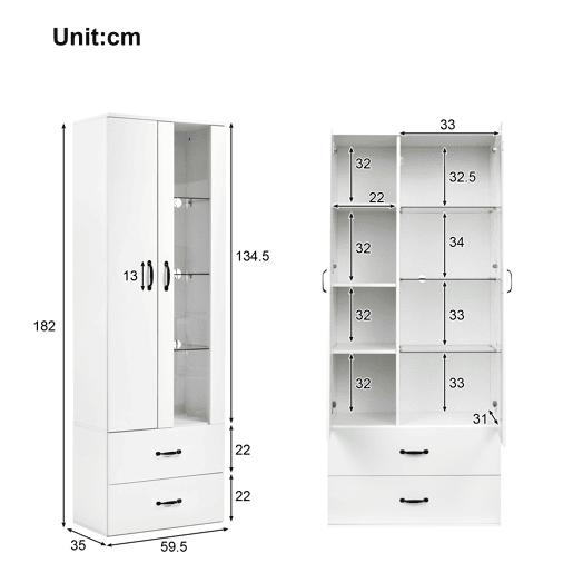 Armário expositor com 2 portas e 2 gavetas e LED - Altura 180cm - Branco