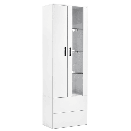 Armário expositor com 2 portas e 2 gavetas e LED - Altura 180cm - Branco