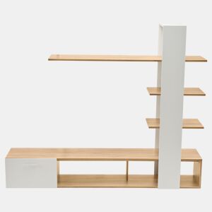 Armário para televisão com arrumação - 3 compartimentos e 3 prateleiras - Branco e Natural