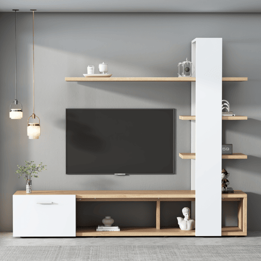 Armário para televisão com arrumação - 3 compartimentos e 3 prateleiras - Branco e Natural Armário para televisão com arrumação - 3 compartimentos e 3 prateleiras - Branco e Natural