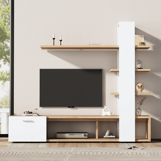 Armário para televisão com arrumação - 3 compartimentos e 3 prateleiras - Branco e Natural Armário para televisão com arrumação - 3 compartimentos e 3 prateleiras - Branco e Natural