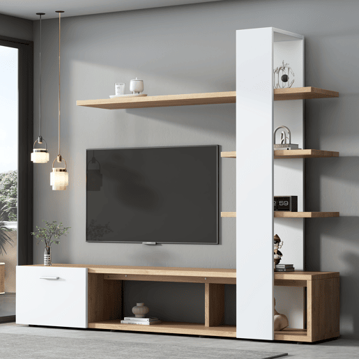 Armário para televisão com arrumação - 3 compartimentos e 3 prateleiras - Branco e Natural Armário para televisão com arrumação - 3 compartimentos e 3 prateleiras - Branco e Natural