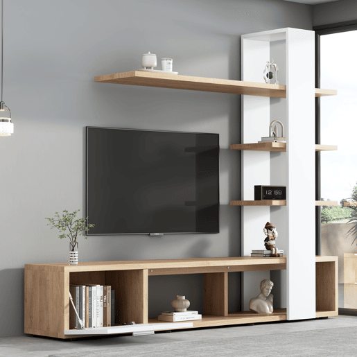 Armário para televisão com arrumação - 3 compartimentos e 3 prateleiras - Branco e Natural Armário para televisão com arrumação - 3 compartimentos e 3 prateleiras - Branco e Natural