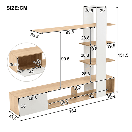 Armário para televisão com arrumação - 3 compartimentos e 3 prateleiras - Branco e Natural Armário para televisão com arrumação - 3 compartimentos e 3 prateleiras - Branco e Natural