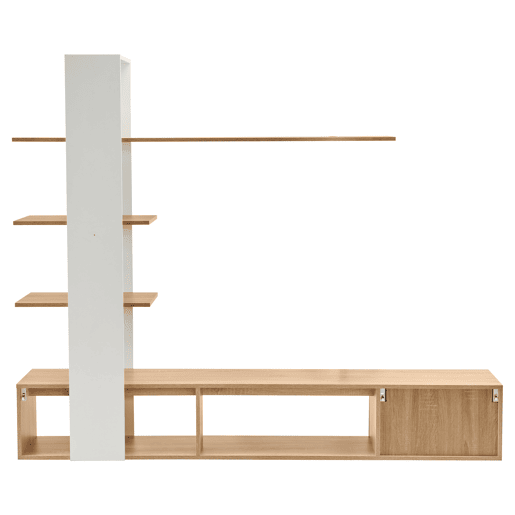 Armário para televisão com arrumação - 3 compartimentos e 3 prateleiras - Branco e Natural Armário para televisão com arrumação - 3 compartimentos e 3 prateleiras - Branco e Natural