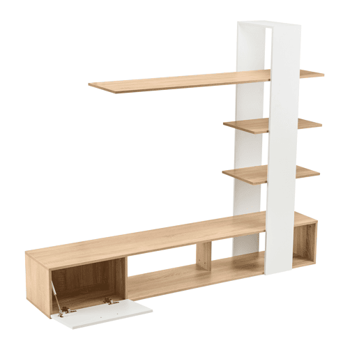 Armário para televisão com arrumação - 3 compartimentos e 3 prateleiras - Branco e Natural Armário para televisão com arrumação - 3 compartimentos e 3 prateleiras - Branco e Natural