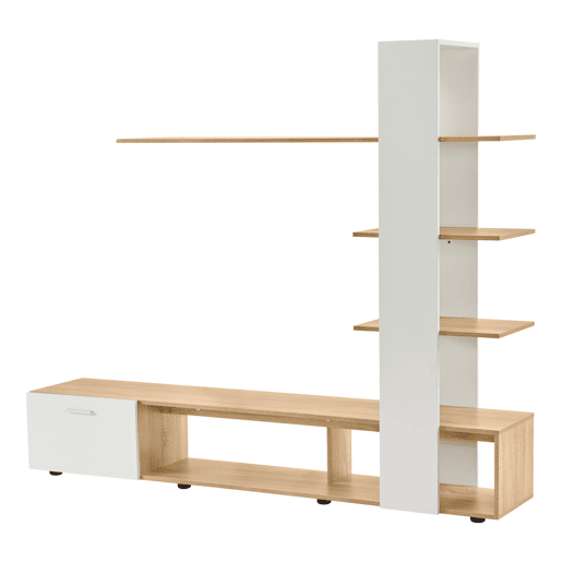 Armário para televisão com arrumação - 3 compartimentos e 3 prateleiras - Branco e Natural Armário para televisão com arrumação - 3 compartimentos e 3 prateleiras - Branco e Natural