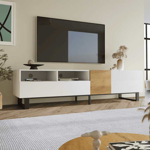 Móvel TV 180 cm - com 2 gavetas e 5 compartimentos - em MDF - Branco e Natural