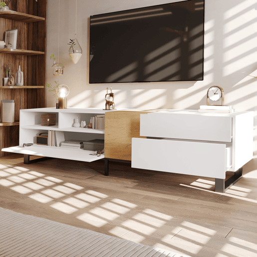 Móvel TV 180 cm - com 2 gavetas e 5 compartimentos - em MDF - Branco e Natural