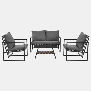 Mobiliário de jardim de 4 lugares - sofá, 2 poltronas e 1 mesa de centro com prateleira - tubo de aço galvanizado e tiras de PVC - almofadas amovíveis e laváveis - Preto