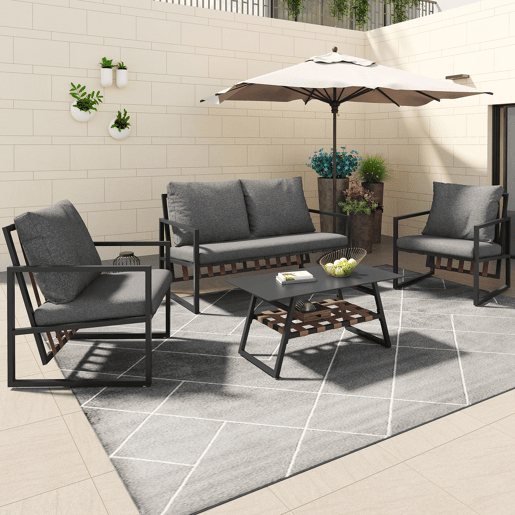 Mobiliário de jardim de 4 lugares - sofá, 2 poltronas e 1 mesa de centro com prateleira - tubo de aço galvanizado e tiras de PVC - almofadas amovíveis e laváveis - Preto