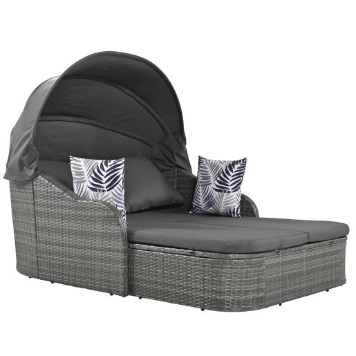 Mobiliário de jardim para 2 pessoas - Sofá lounge de vime PE com 4 almofadas e dossel ajustável - Cinzento