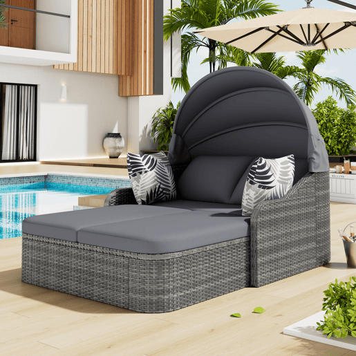 Mobiliário de jardim para 2 pessoas - Sofá lounge de vime PE com 4 almofadas e dossel ajustável - Cinzento