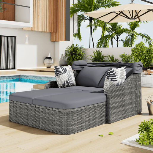 Mobiliário de jardim para 2 pessoas - Sofá lounge de vime PE com 4 almofadas e dossel ajustável - Cinzento