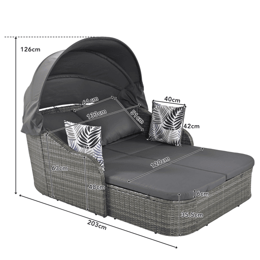 Mobiliário de jardim para 2 pessoas - Sofá lounge de vime PE com 4 almofadas e dossel ajustável - Cinzento