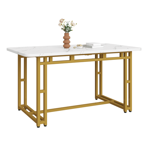 Mesa de jantar - tampo em mármore - pés em metal dourado - 120x70cm - Branco e dourado