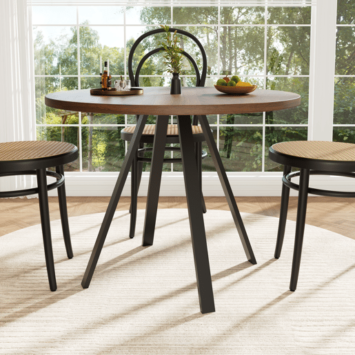 Mesa de jantar redonda moderna (80 cm de diâmetro), suporte de metal, tampo com efeito de grão de madeira, castanho