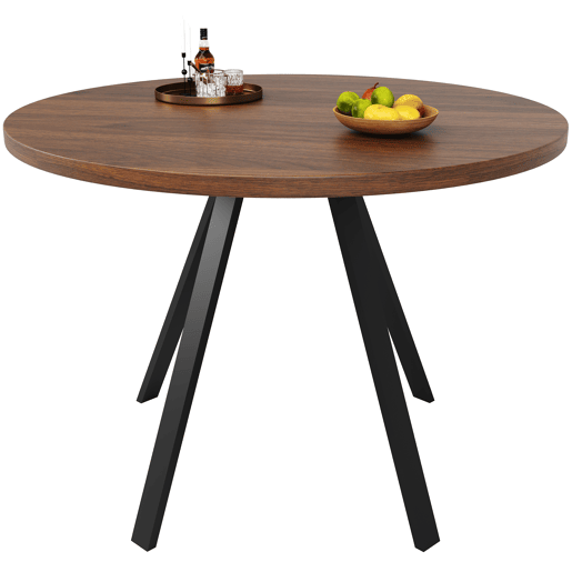 Mesa de jantar redonda moderna (80 cm de diâmetro), suporte de metal, tampo com efeito de grão de madeira, castanho
