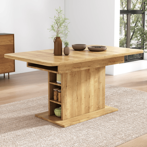 Mesa de jantar extensível moderna com arrumação por baixo - Natural