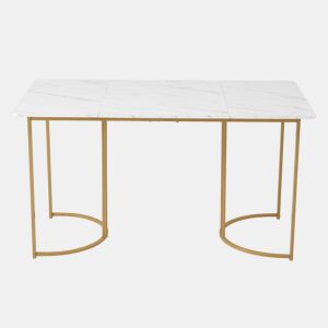 Mesa de jantar 140x80 cm com pés reguláveis - estrutura metálica - folheado de mármore - Branco e dourado