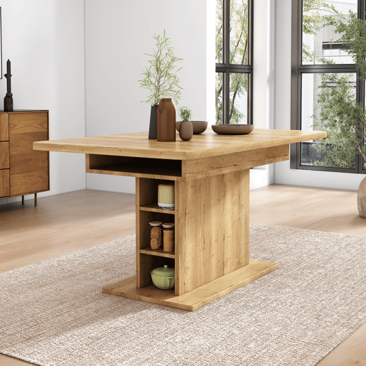 Mesa de jantar extensível moderna com arrumação por baixo - Natural