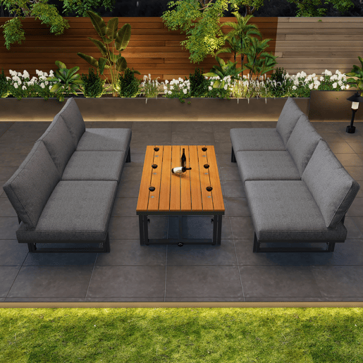 Mobiliário de jardim multifuncional - 6 lugares - 2 sofás e 1 mesa de centro - 2 bancos rebatíveis - Cinzento Mobiliário de jardim multifuncional - 6 lugares - 2 sofás e 1 mesa de centro - 2 bancos rebatíveis - Cinzento