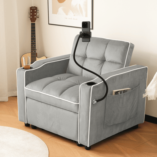 Poltrona retrátil de veludo - com suporte para copos + suporte para telemóvel - Cinzento claro