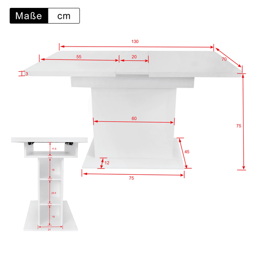 Mesa de jantar moderna extensível com arrumação por baixo - Branco