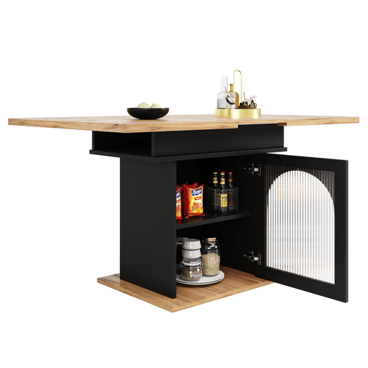 Mesa de jantar retrátil - em MDF - com arrumação - Preto e Natural Mesa de jantar retrátil - em MDF - com arrumação - Preto e Natural