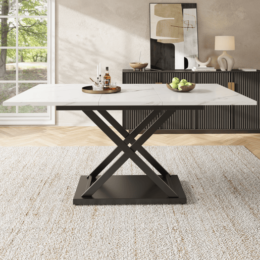 Mesa de jantar retrátil - MDF e metal - tampo com efeito mármore - Branco