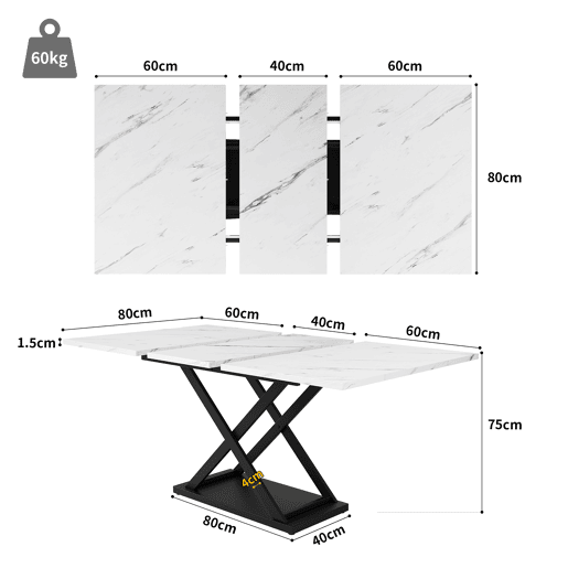 Mesa de jantar retrátil - MDF e metal - tampo com efeito mármore - Branco