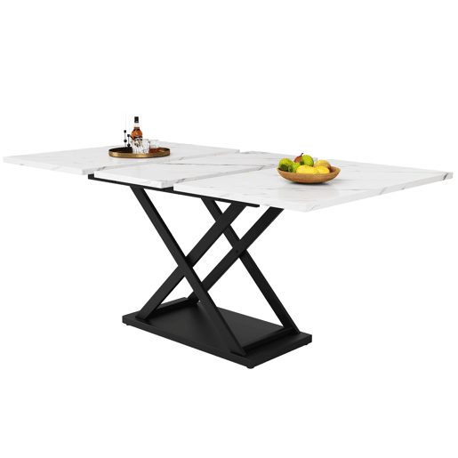 Mesa de jantar retrátil - MDF e metal - tampo com efeito mármore - Branco